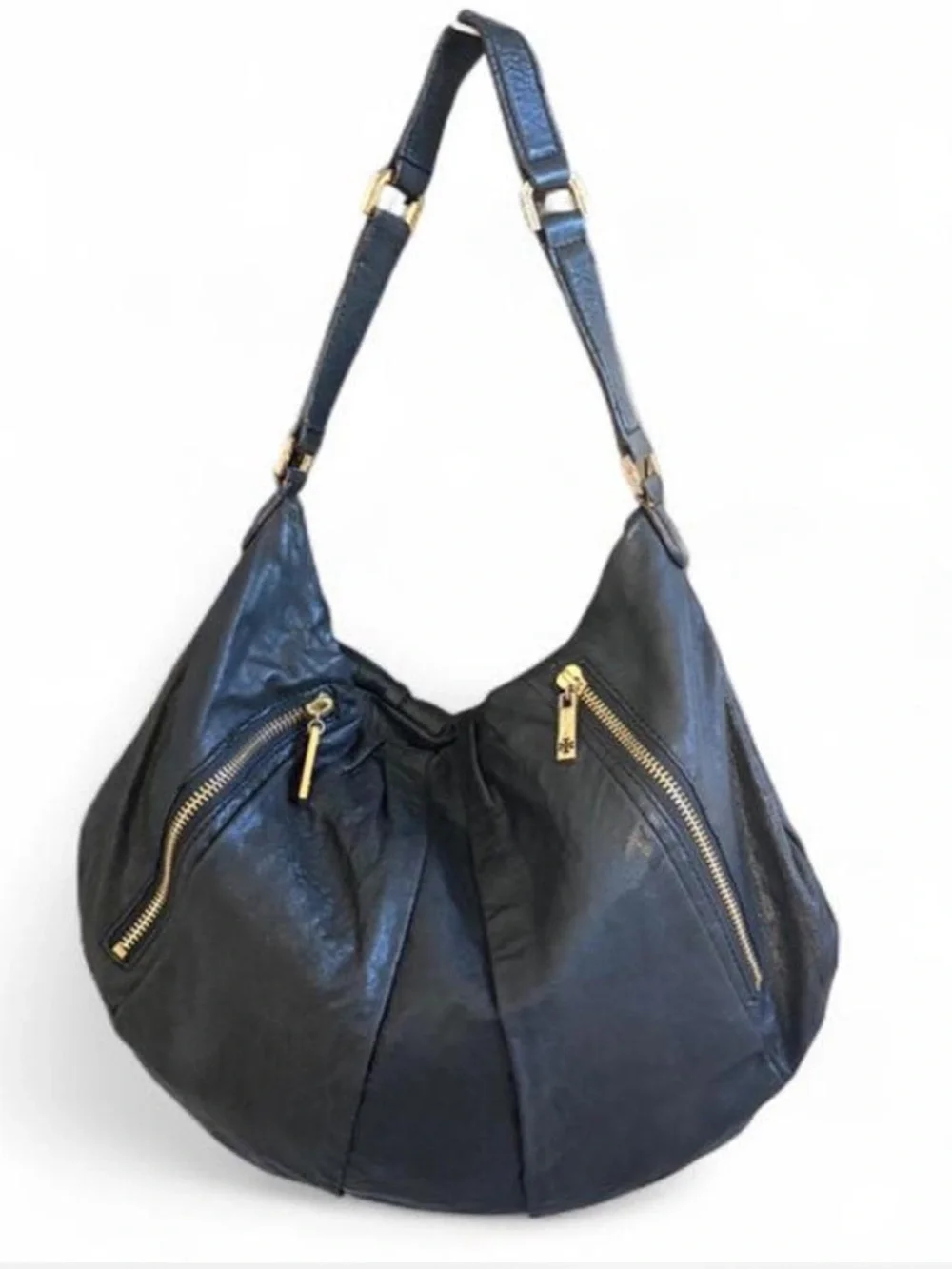 Tory Burch Black Leather Hobo Bag with Gold Hardware